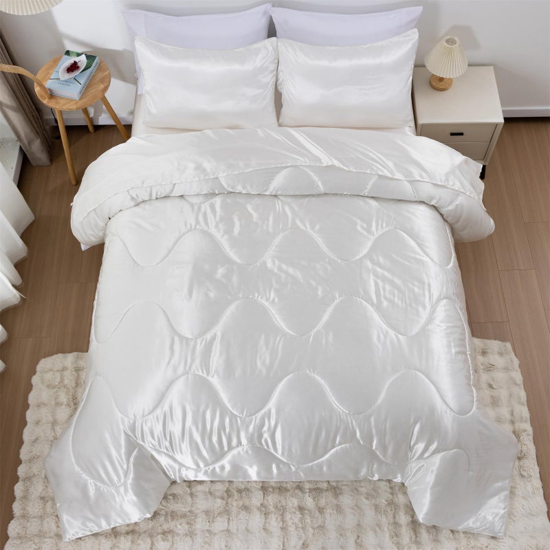 A Nice Night Satin Silky Soft Quilt Luxury Super Soft Microfiber Bedding Comforter Set Full/Queen, Light Weighted (White, Queen) - Image 4
